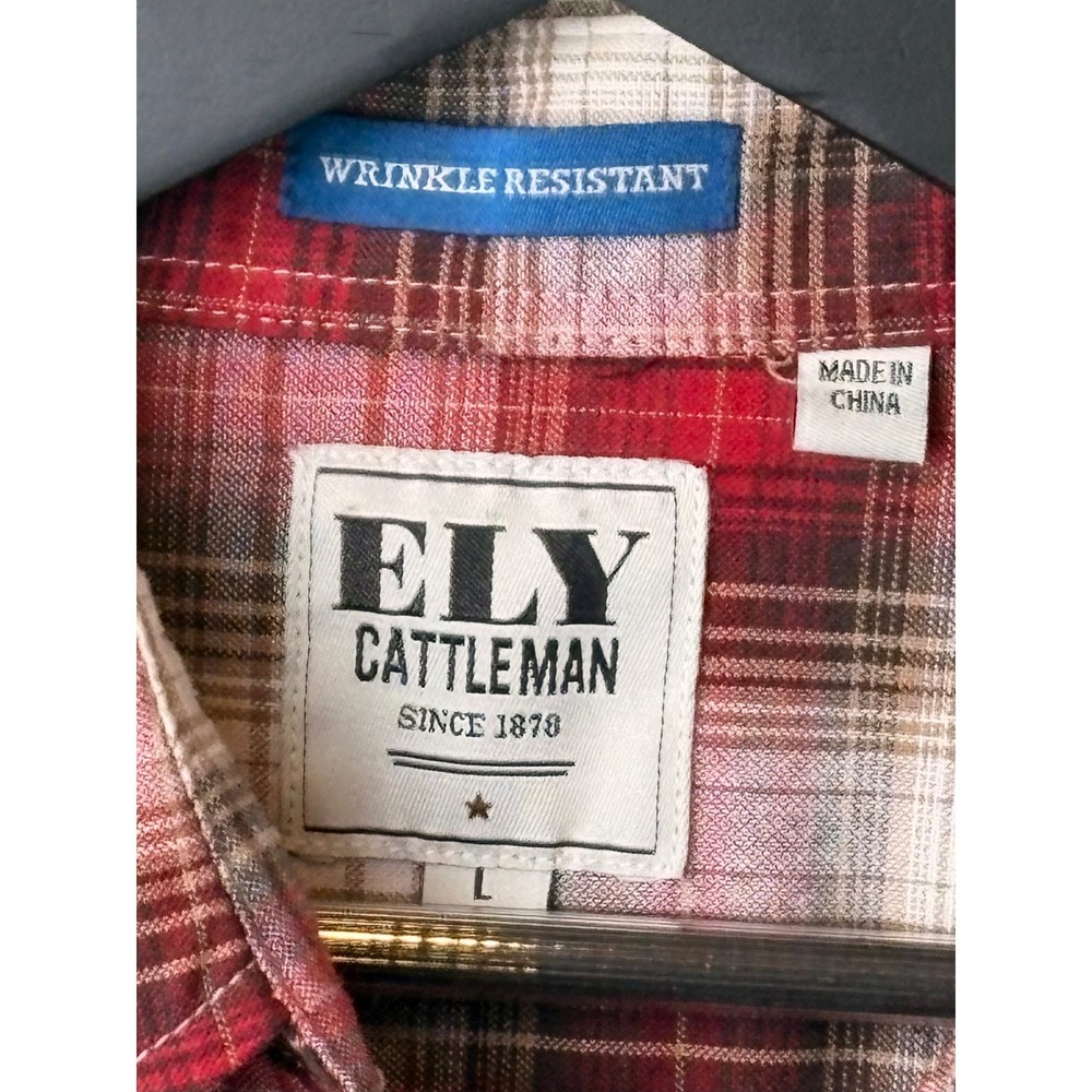 Ely Cattleman Western Shirt Men Large Red Plaid Excellent Pearl Snap Wrinkle Res - Picture 4 of 8